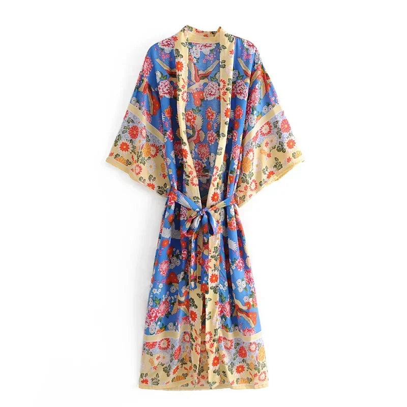 Floral Print Bat Sleeve Kimono Robe with Tassel Belt