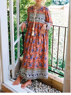 Floral Tassel-Tie Long-Sleeve Boho Dress