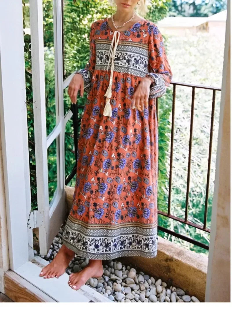 Floral Tassel-Tie Long-Sleeve Boho Dress