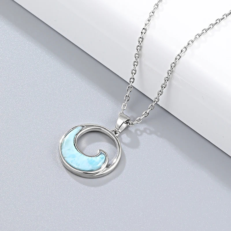 Larimar Ocean Wave Pendant Necklace in 925 Sterling Silver