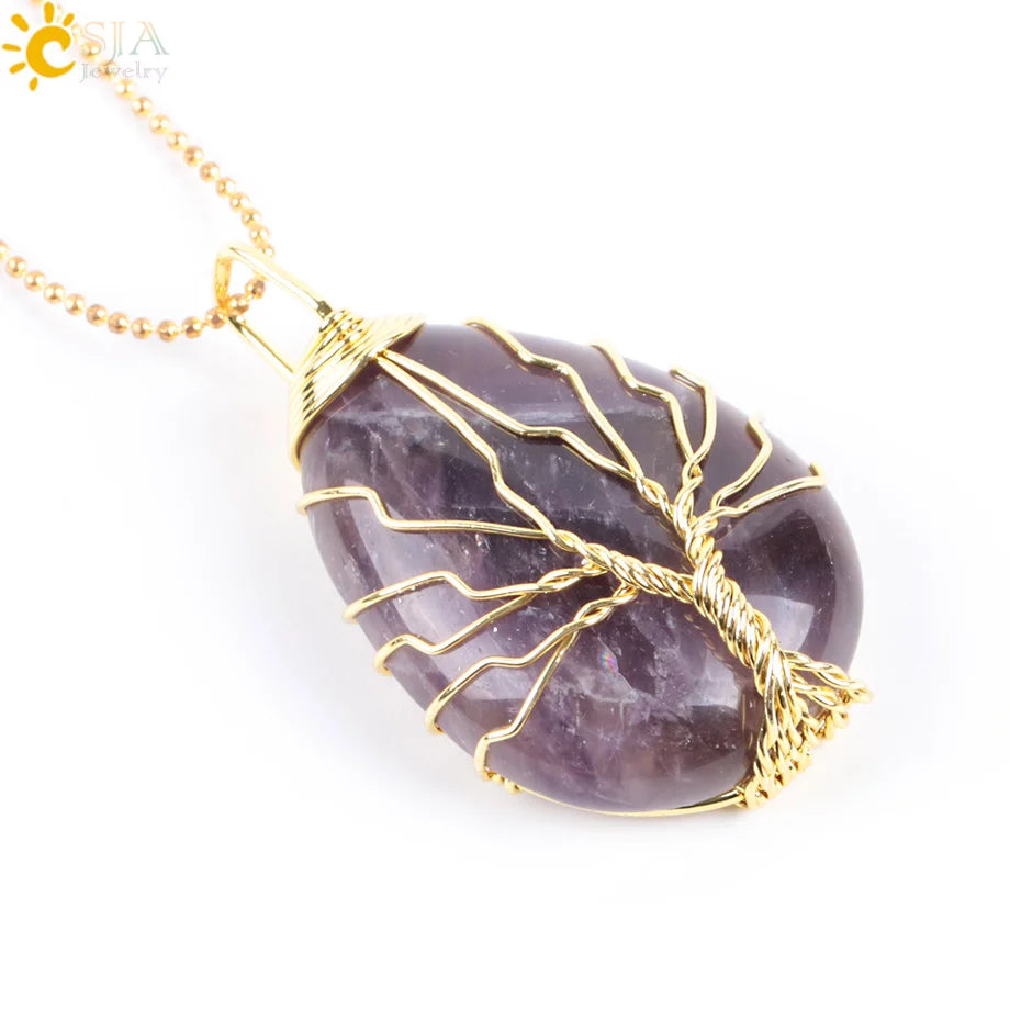Tree of Life Crystal Necklace — Wire-Wrapped Natural Stone Pendant