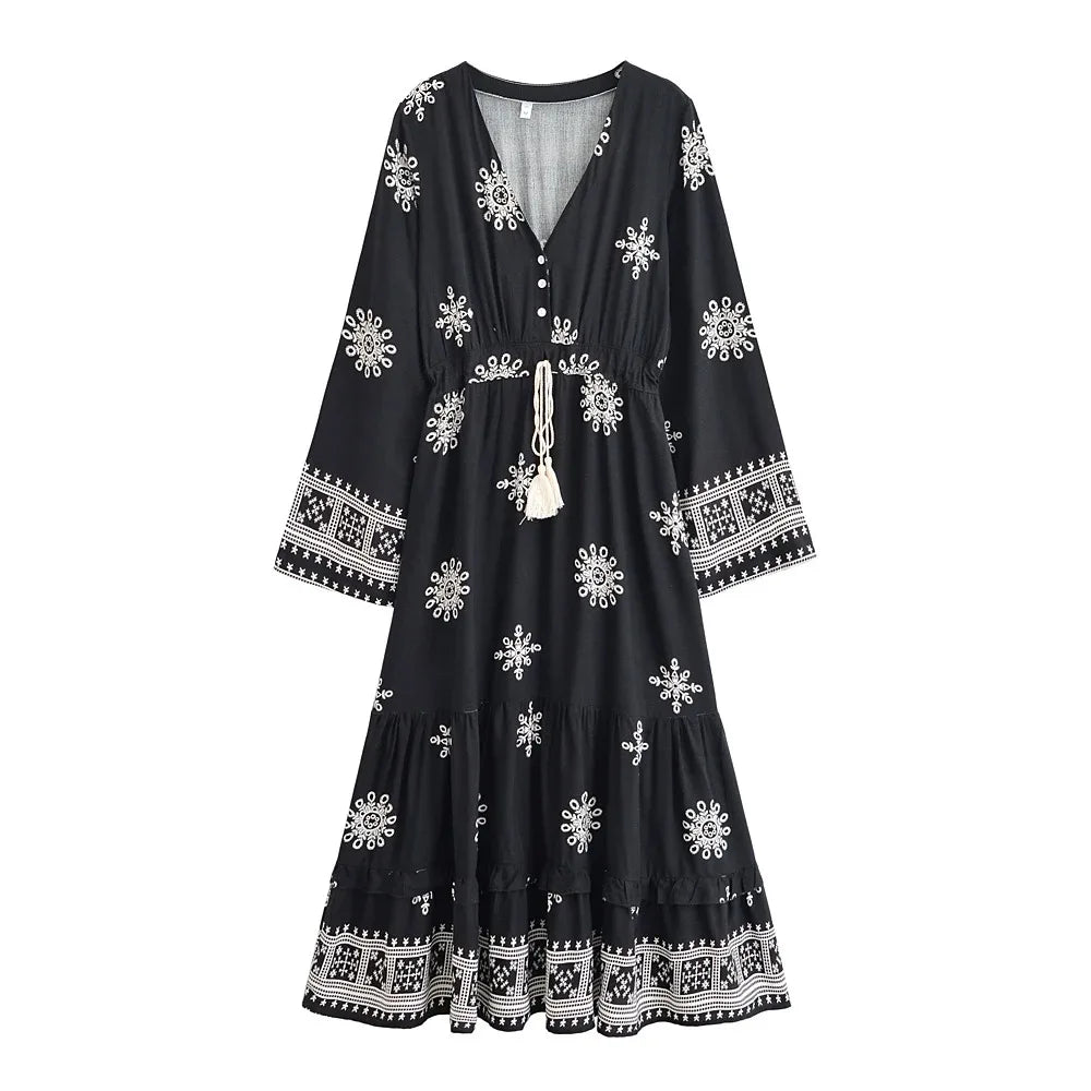 Boho Ethnic Floral Bell-Sleeve Maxi Dress