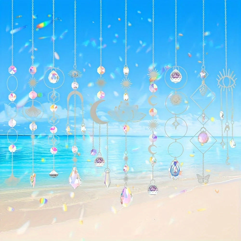Crystal Lotus Suncatcher Set | 10 Hanging Rainbow Prism Pendants for Windows