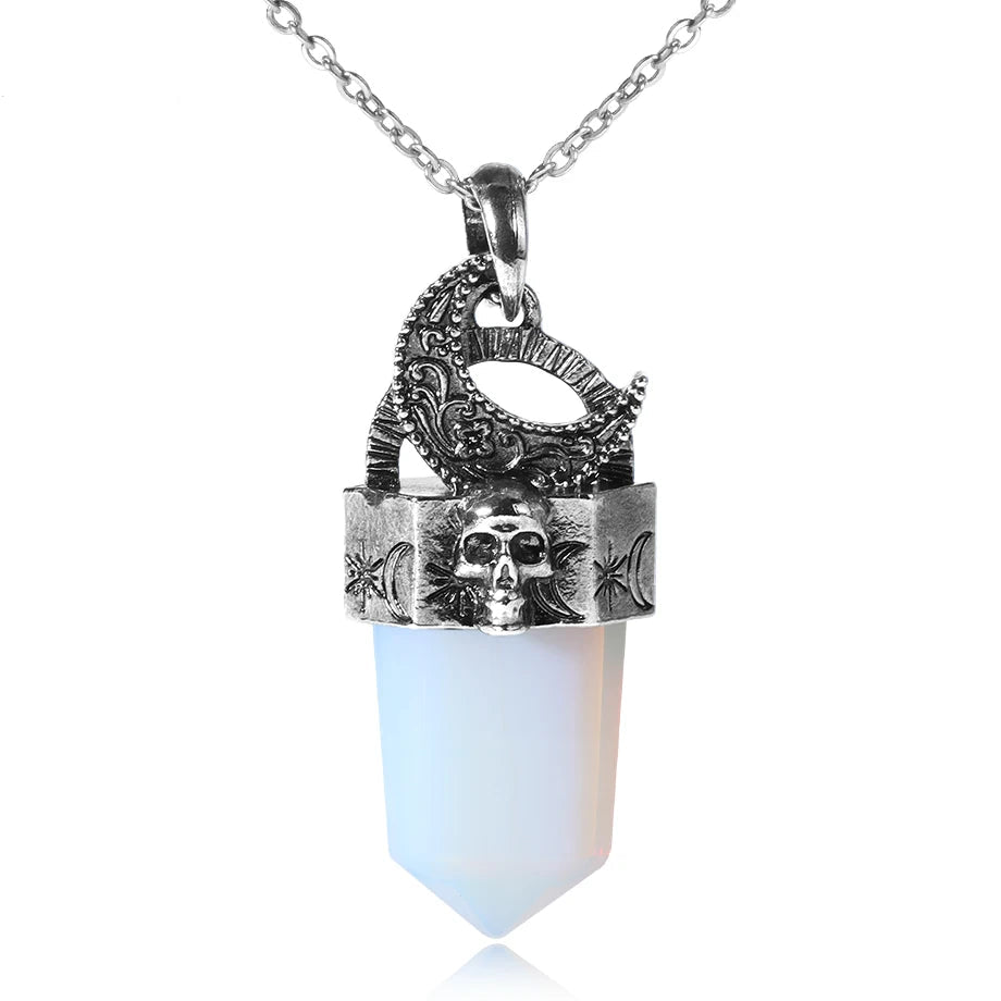 Skull & Crescent Moon Crystal Point Pendant Necklace | Natural Gemstone | Reiki Healing Jewelry