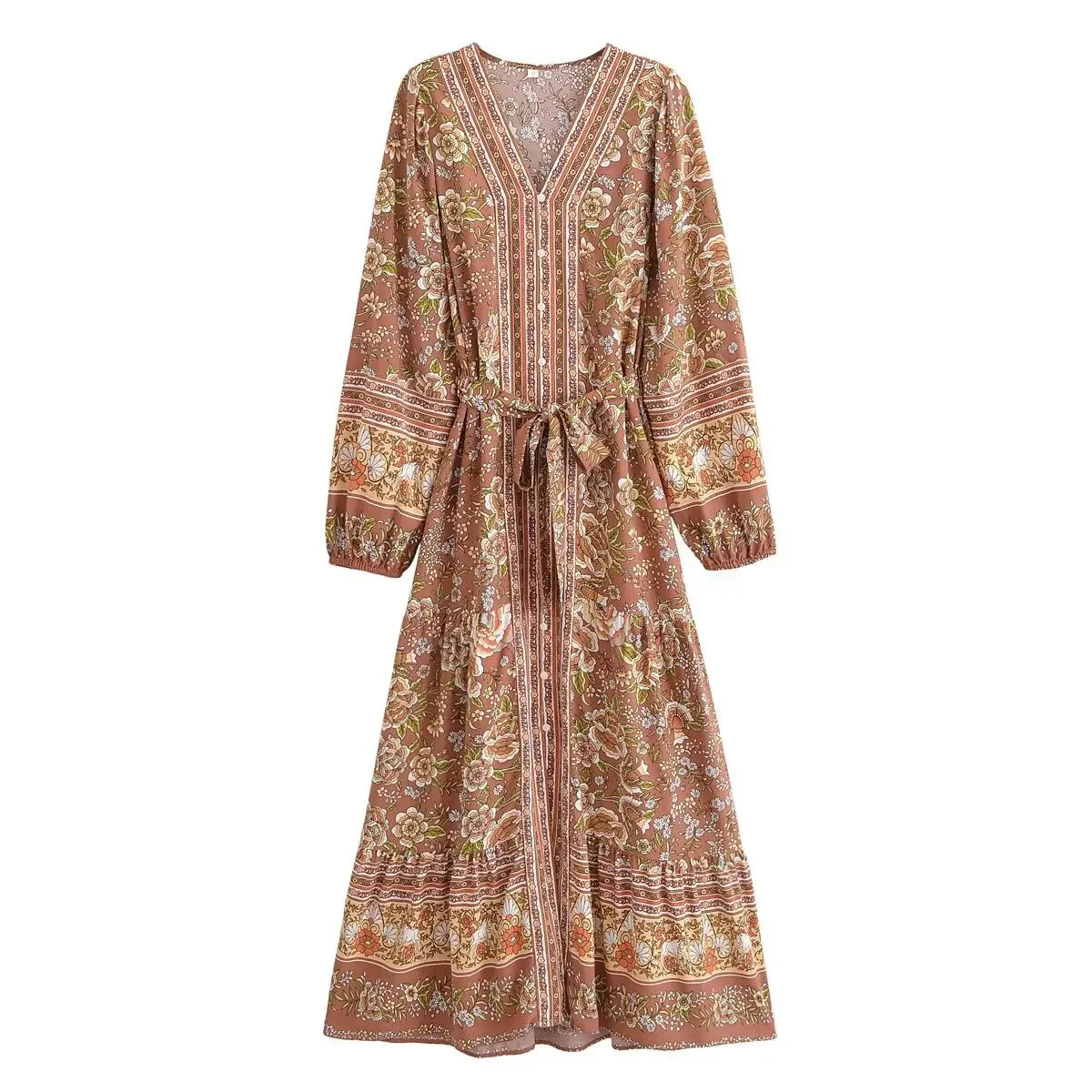 Floral Button-Front Lantern-Sleeve Boho Maxi Dress