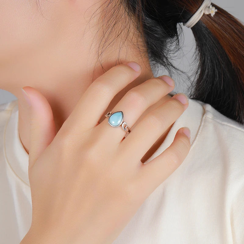 Larimar Pear Ring with Scrolled Silver Flourish