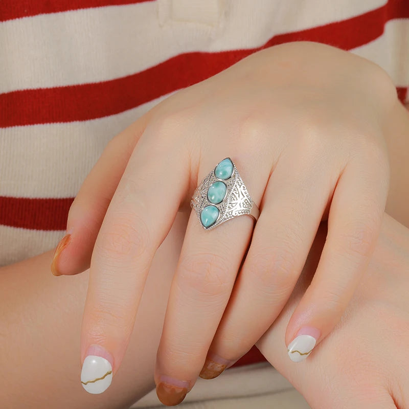 Larimar Three-Stone Statement Ring, Openwork Frame