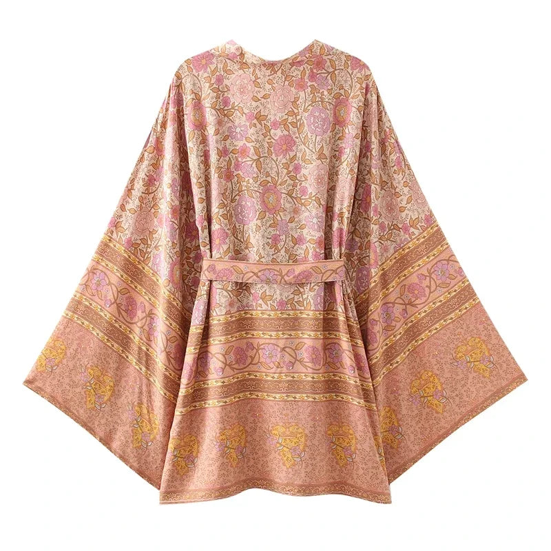 Blush Floral Kimono Robe – Short Boho Cover-Up