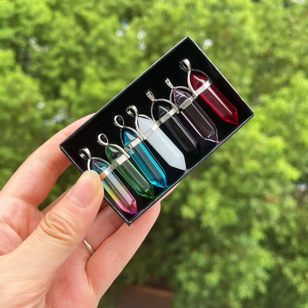 7-Piece Hexagonal Crystal Chakra Pendant Set | Pointed Gemstone Wands for Jewelry & Décor