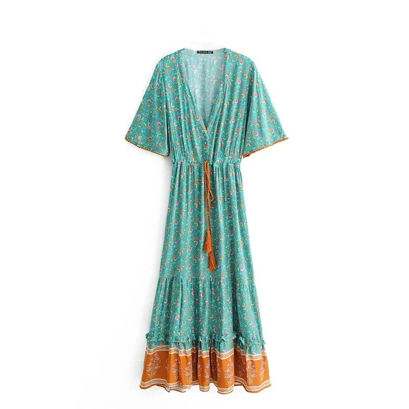 Floral Print Batwing Sleeve Boho Maxi Dress with Tassel