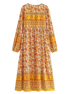 Long Sleeve Floral Print Lace-Up Boho Maxi Dress