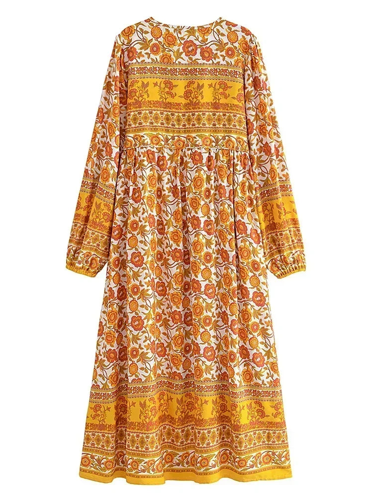 Long Sleeve Floral Print Lace-Up Boho Maxi Dress
