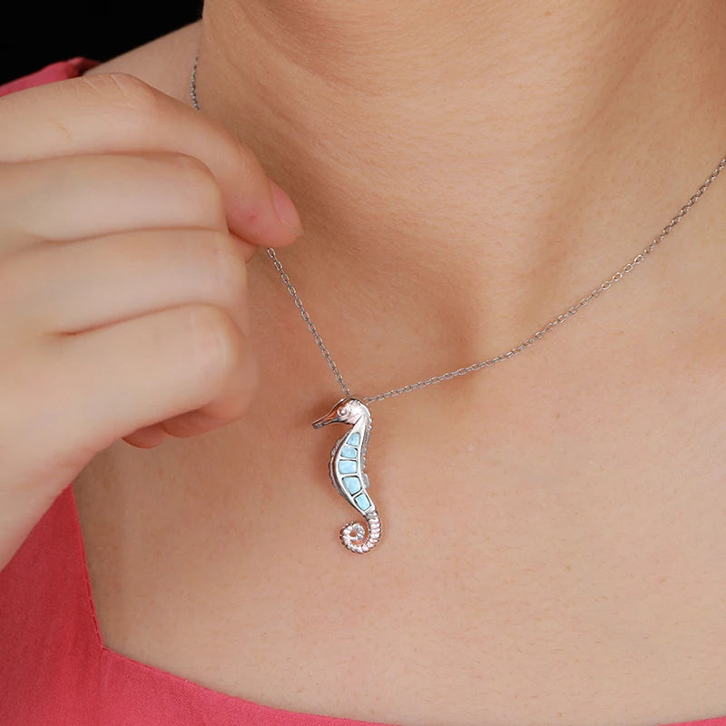 Larimar Seahorse Pendant Necklace in 925 Sterling Silver