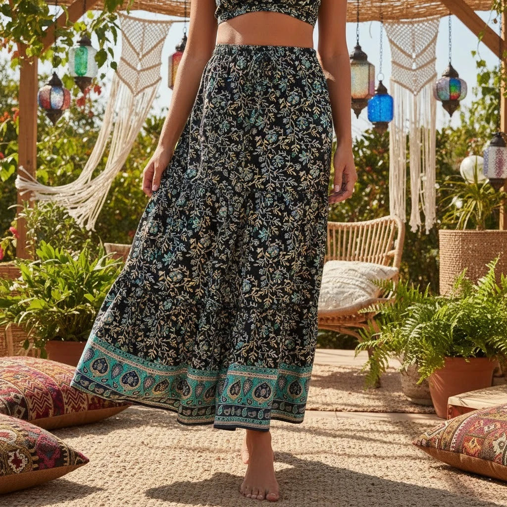 Boho Floral Pleated Maxi Skirt with Pockets