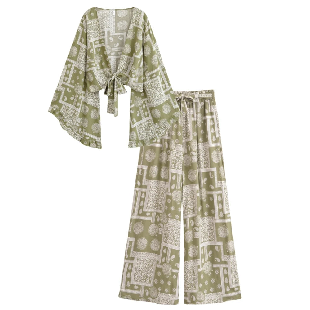 Floral Kimono Boho Set – Wide Leg Pants & Kimono Top