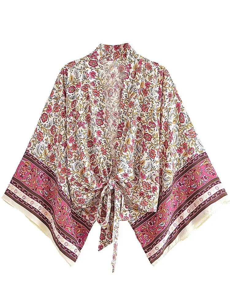 Floral Print Short Kimono with Batwing Sleeves
