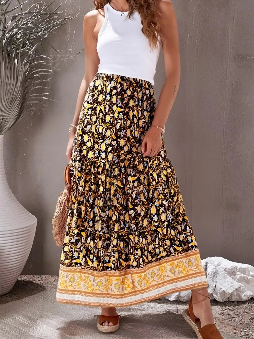 Floral Pleated Boho Maxi Skirt