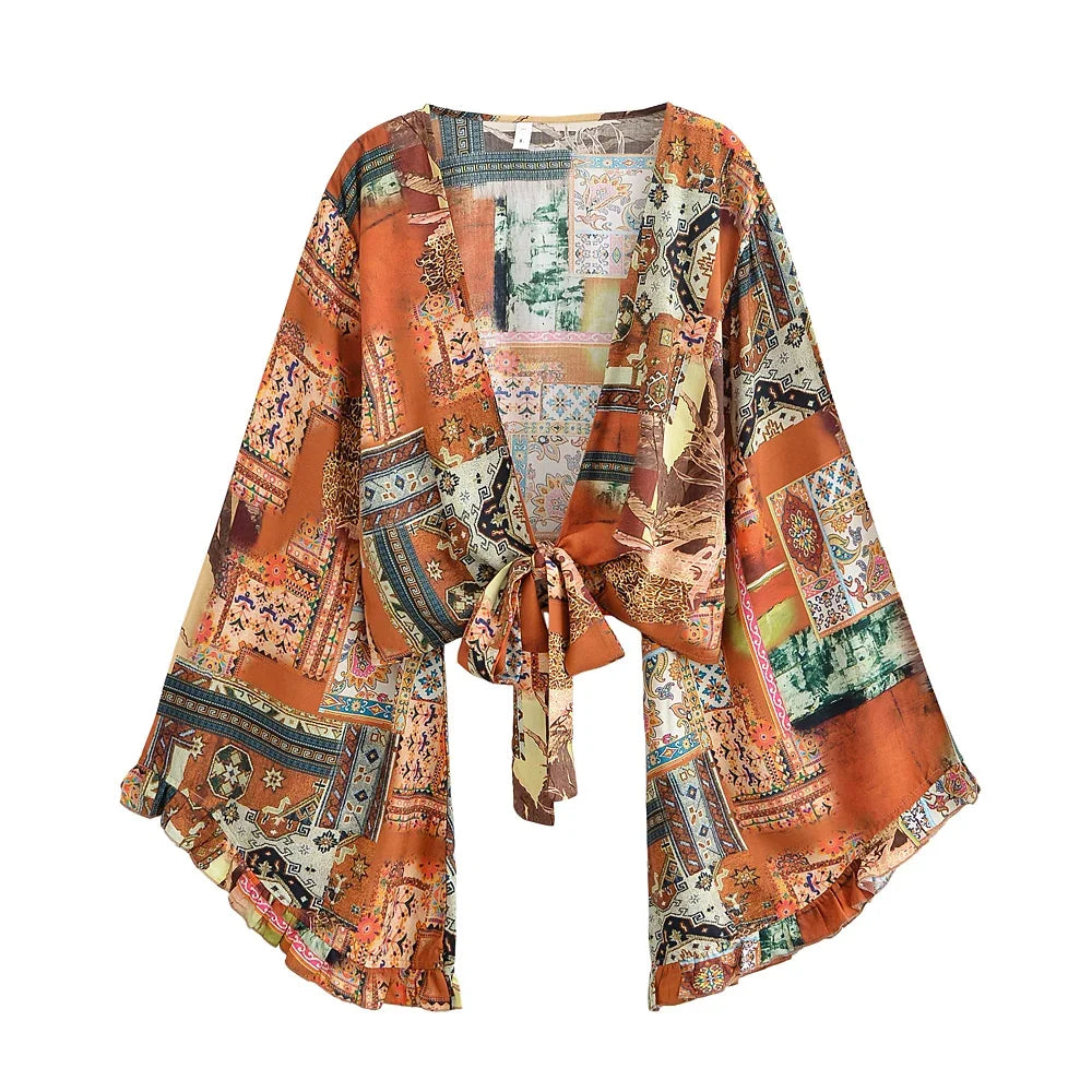 Floral Tie-Front Short Kimono Cover-Up
