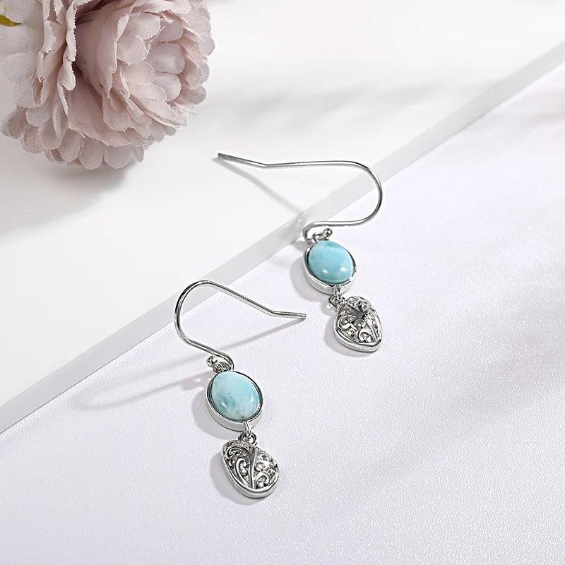 Larimar Oval Engraved Drop Earrings in 925 Sterling Silver