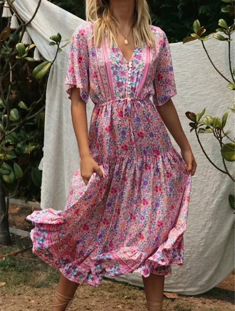 Wild Floral V-Neck Boho Maxi Dress