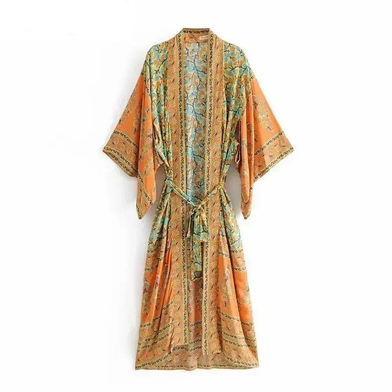 Boho Ethnic Stripe Maxi Kimono Robe with Sash