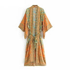Boho Ethnic Stripe Maxi Kimono Robe with Sash