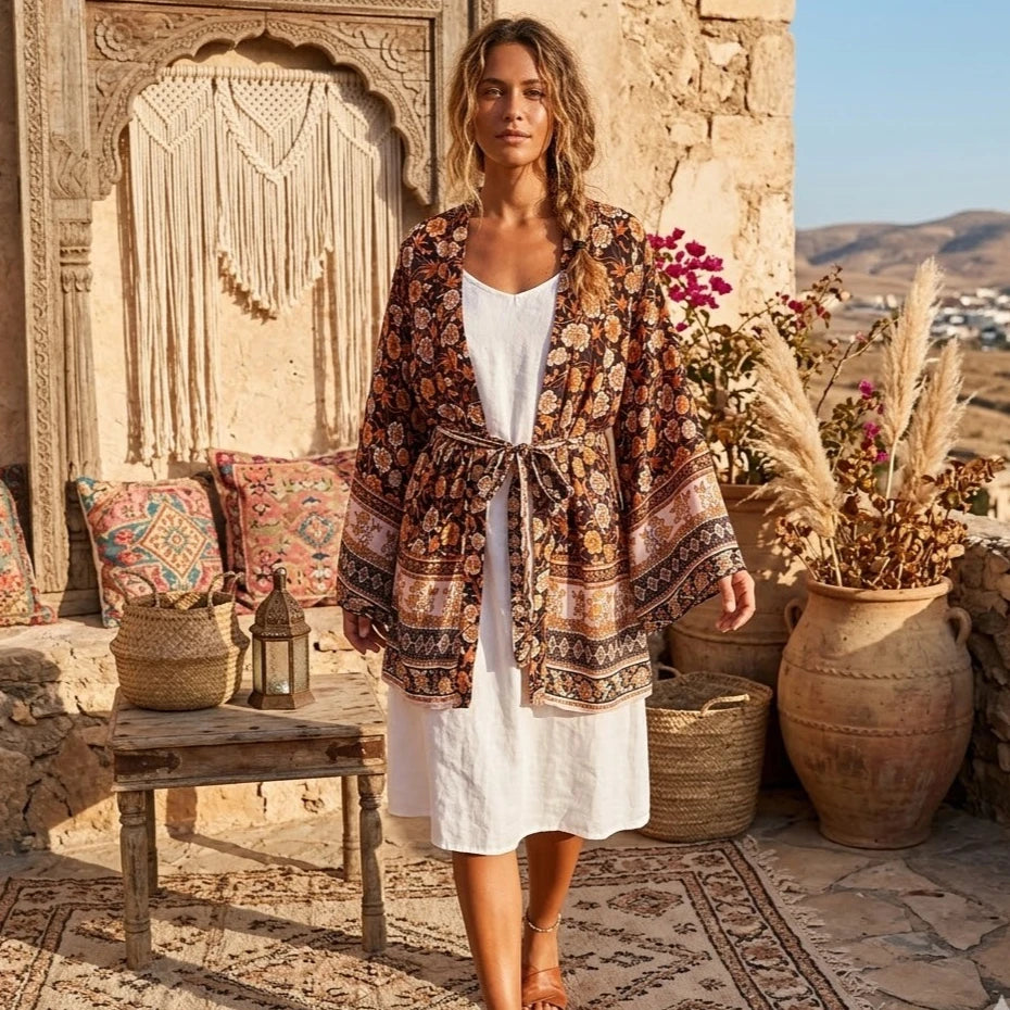 Boho Floral Bat-Sleeve Kimono Dress