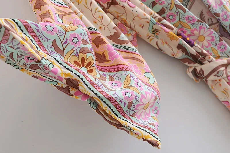 Floral Print Bat Sleeve Kimono Robe with Tassel Belt