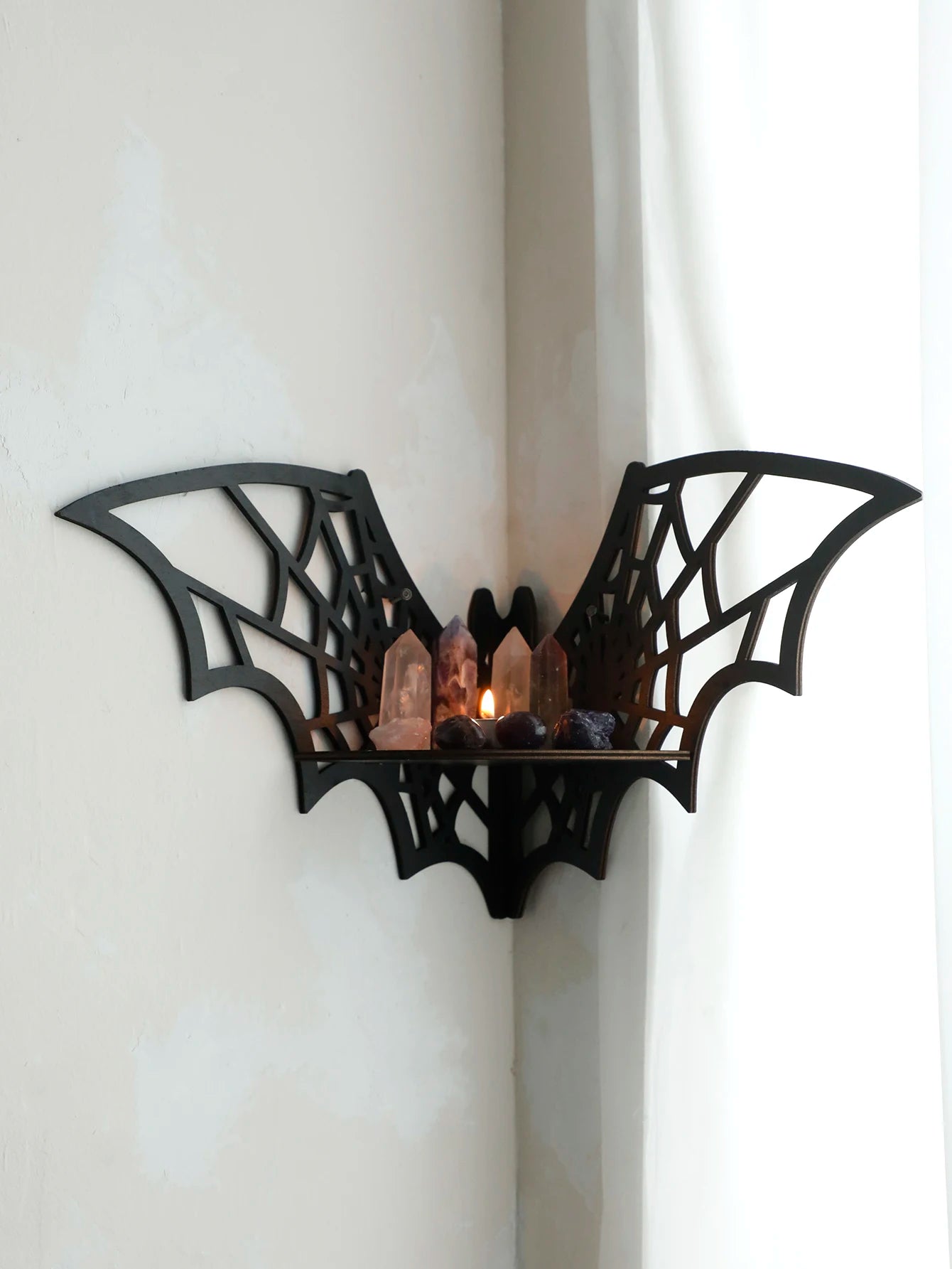 Gothic Bat Wall Shelf – Wooden Moon & Crystal Floating Display