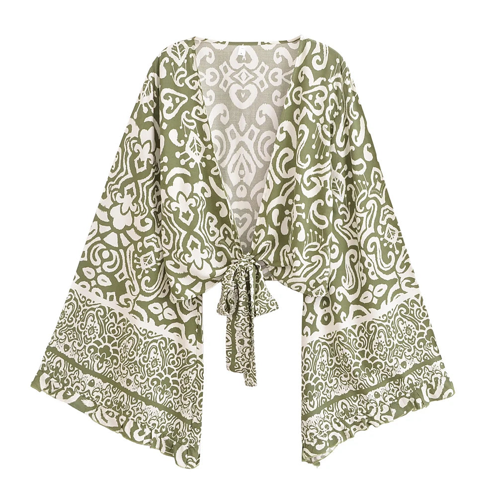 Floral Flare-Sleeve Boho Kimono Cardigan