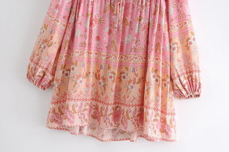 Tassel Tie Floral Lantern Sleeve Mini Dress