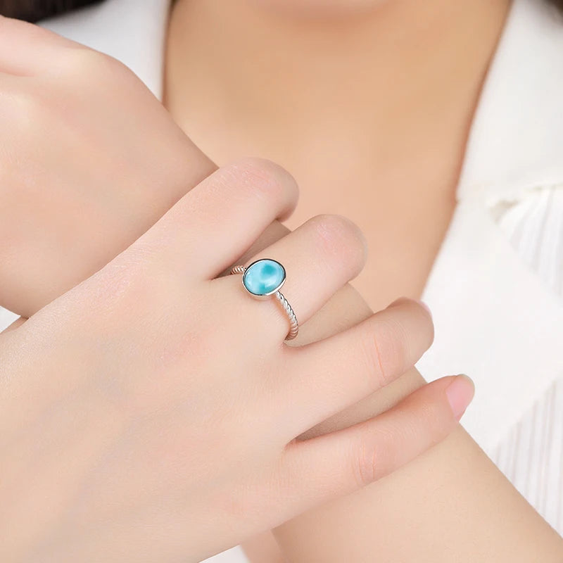 Larimar Oval Ring with Twisted Rope Band, 925 Sterling Silver