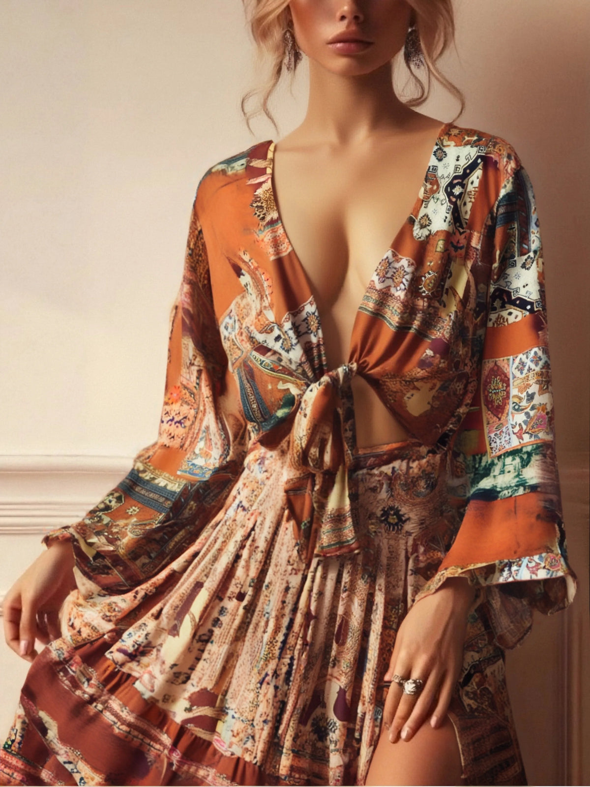 Floral Tie-Front Short Kimono Cover-Up