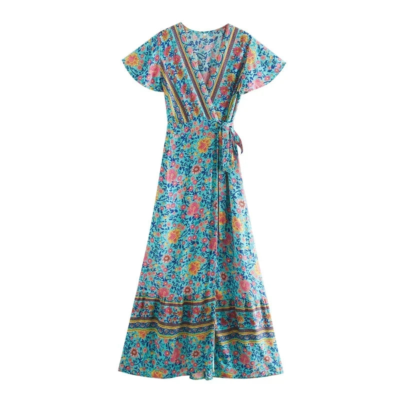 Floral Batwing Sleeve Boho Maxi Dress