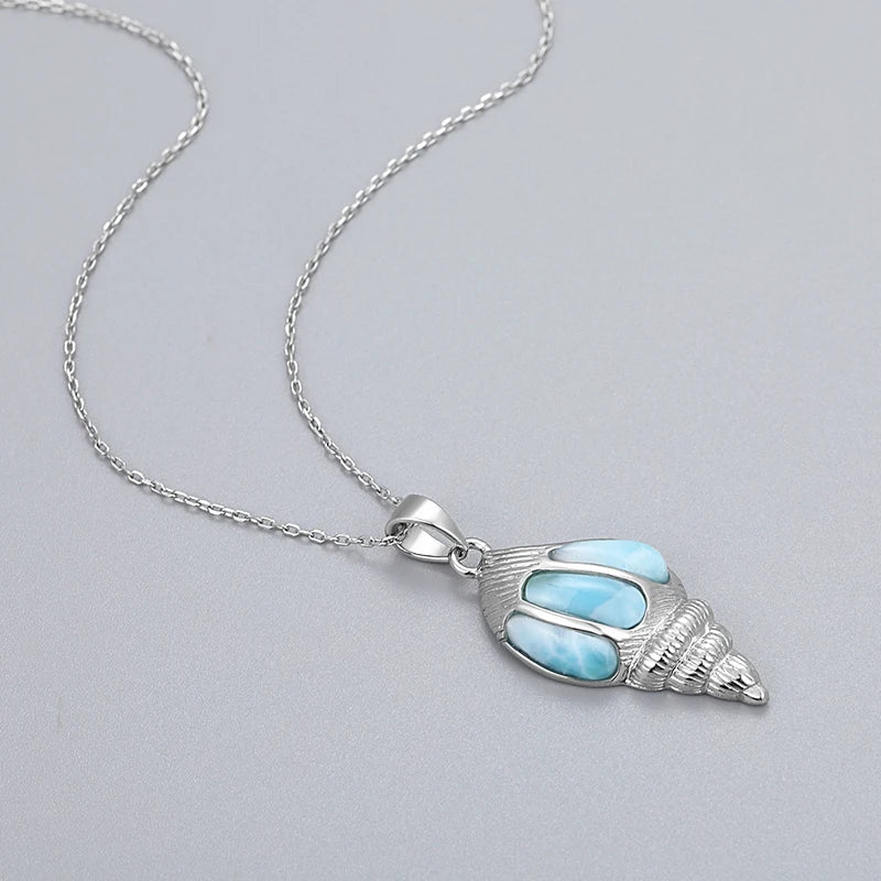 Larimar Spiral Shell Pendant Necklace, 925 Sterling Silver