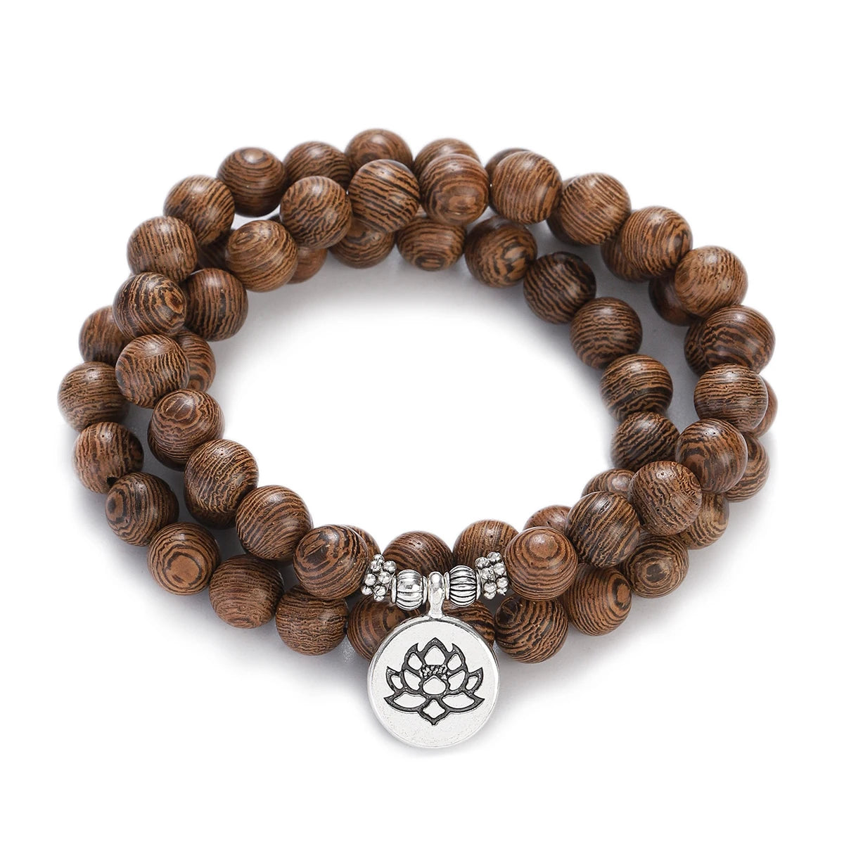 Wood Bead Buddha Om Lotus Charm Bracelet | Tibetan Mala Yoga Bracelet