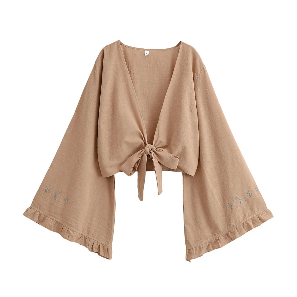 Embroidered Tie-Front Crop Kimono