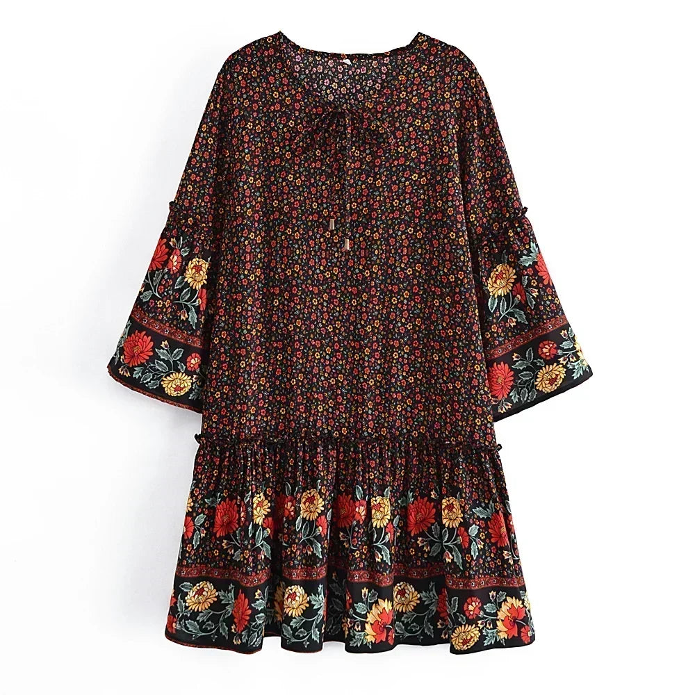 Wild Floral Tie-Neck Ruffle Boho Mini Dress