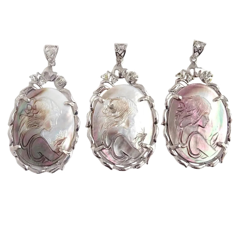 Mother of Pearl Hand-Carved Cameo Pendant Necklace