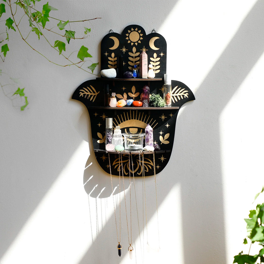 Hamsa Hand Crystal Wall Shelf – Evil Eye Wooden Display