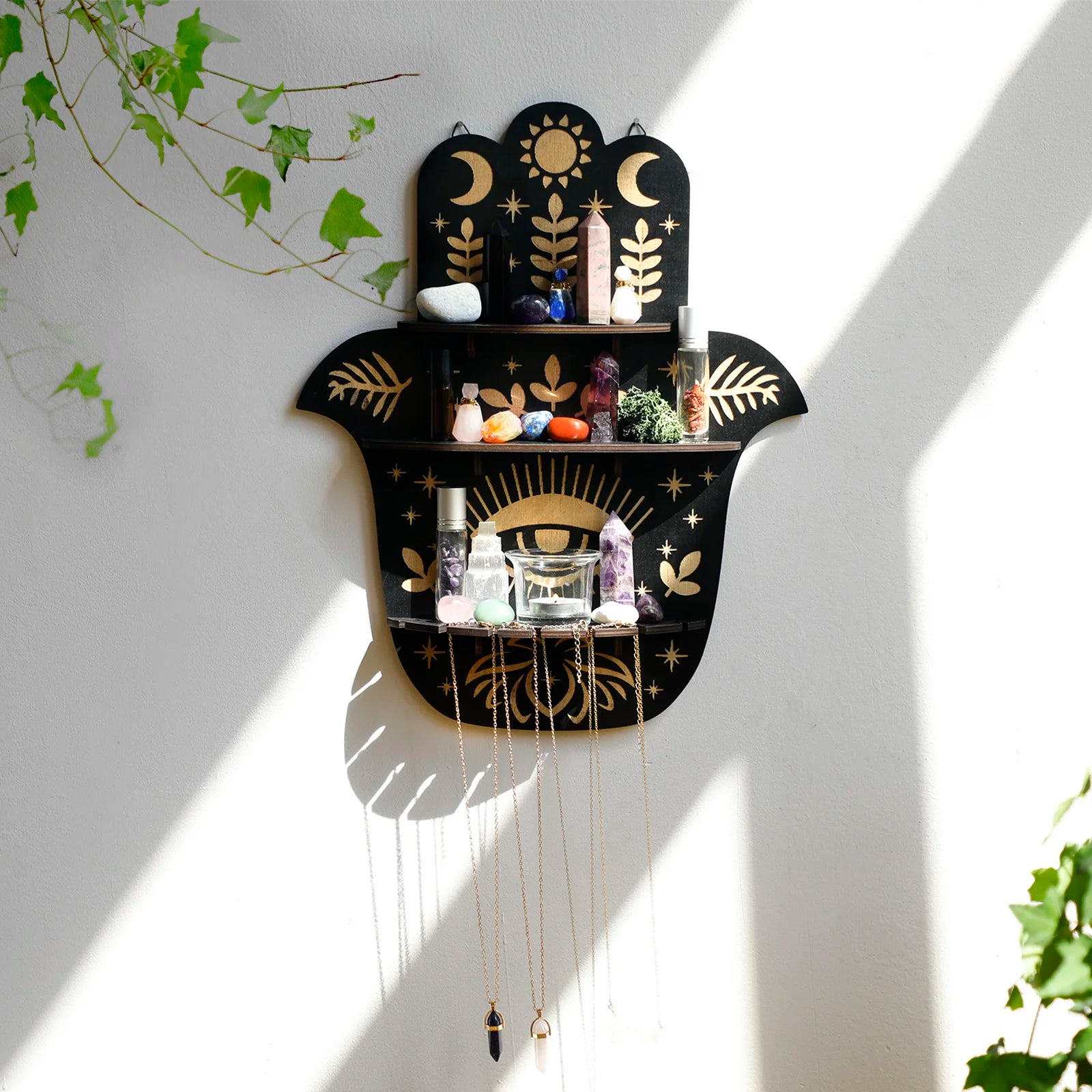 Hamsa Hand Crystal Wall Shelf – Evil Eye Wooden Display