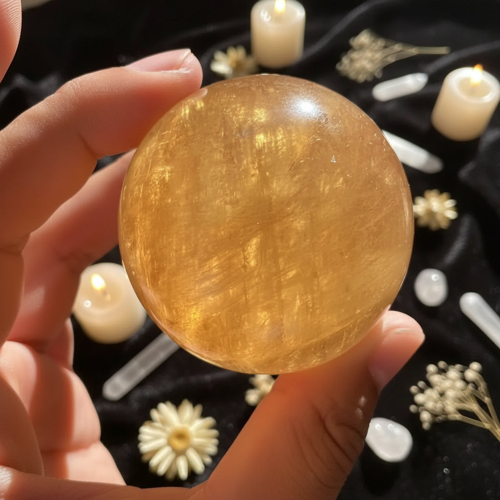 Natural Citrine Calcite Quartz Crystal Sphere — Healing Gemstone Ball with Wood Bracket