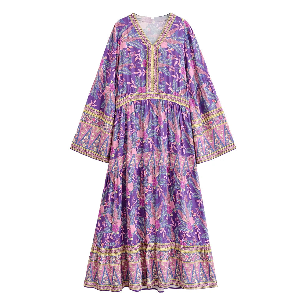 Purple Bohemian Floral V-Neck Maxi Dress