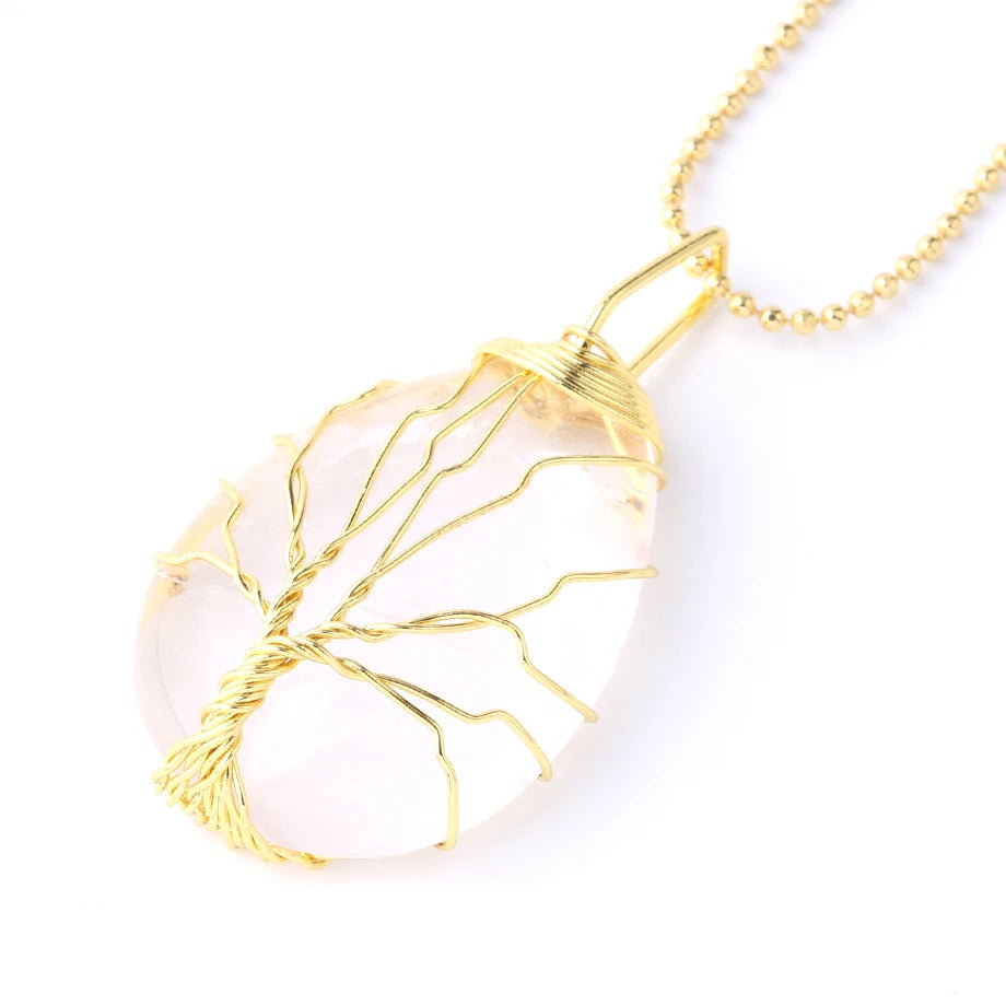 Tree of Life Crystal Necklace — Wire-Wrapped Natural Stone Pendant