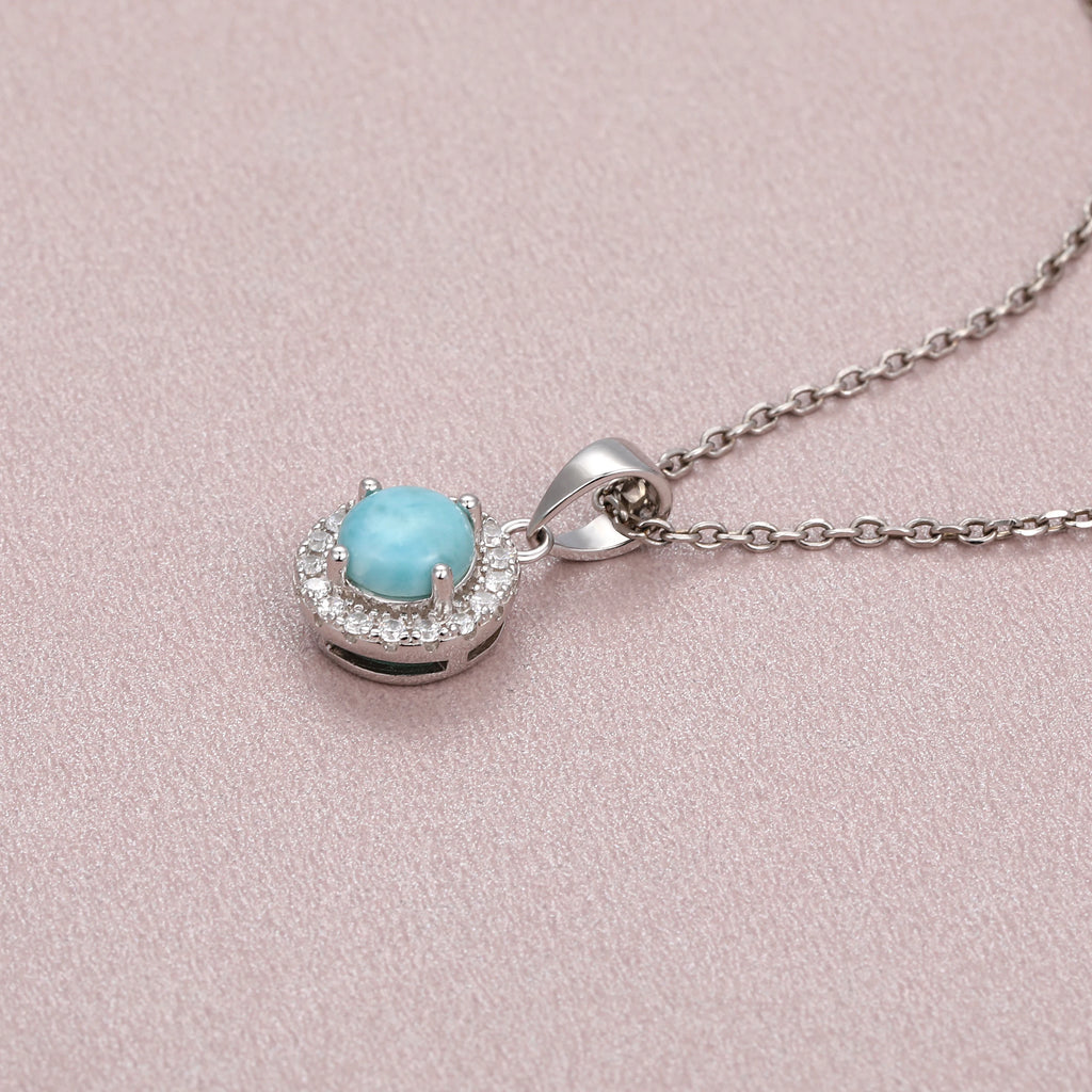 Larimar Flower Halo Earrings & Pendant Necklace Set, 925 Sterling Silver