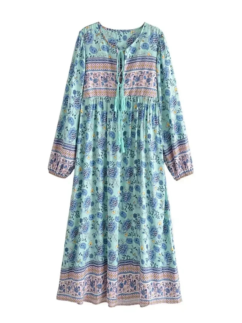 Floral Tassel-Tie Long-Sleeve Boho Dress