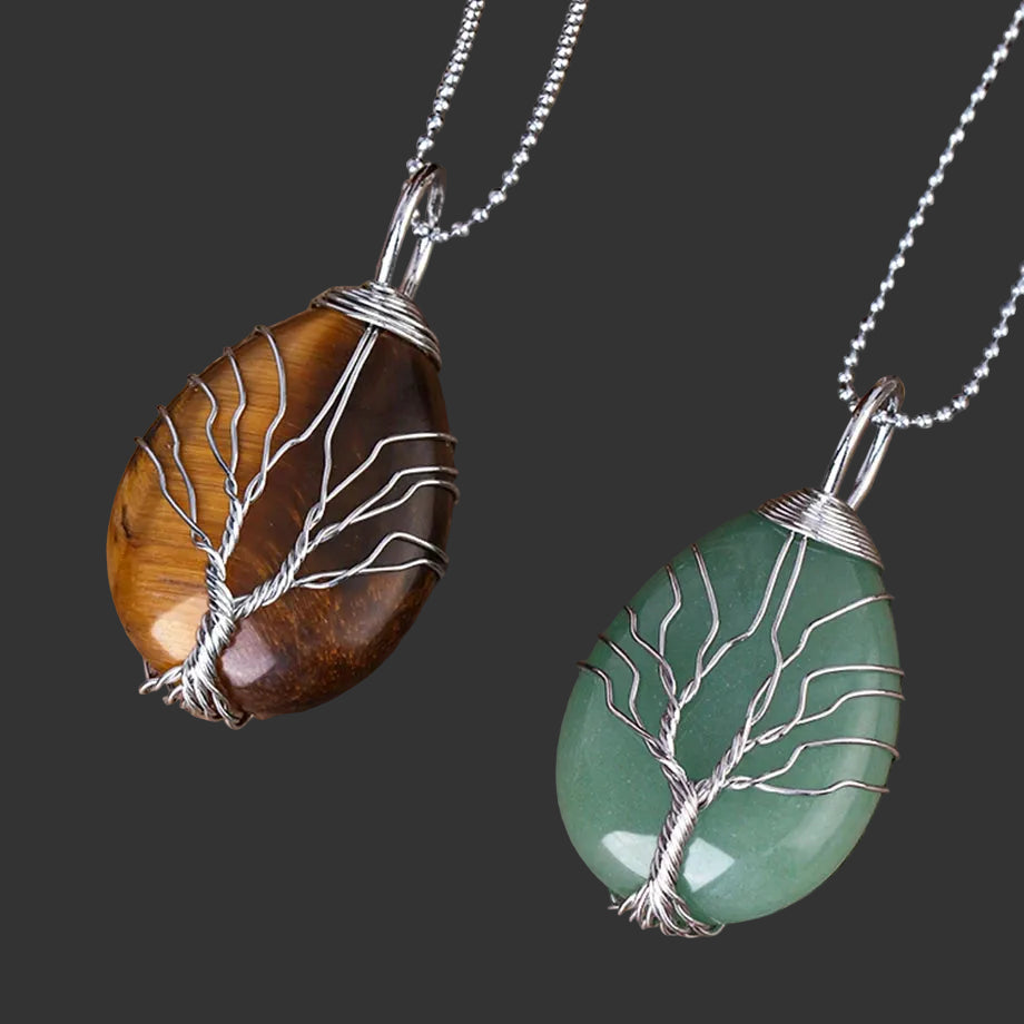 Tree of Life Crystal Necklace — Wire-Wrapped Natural Stone Pendant