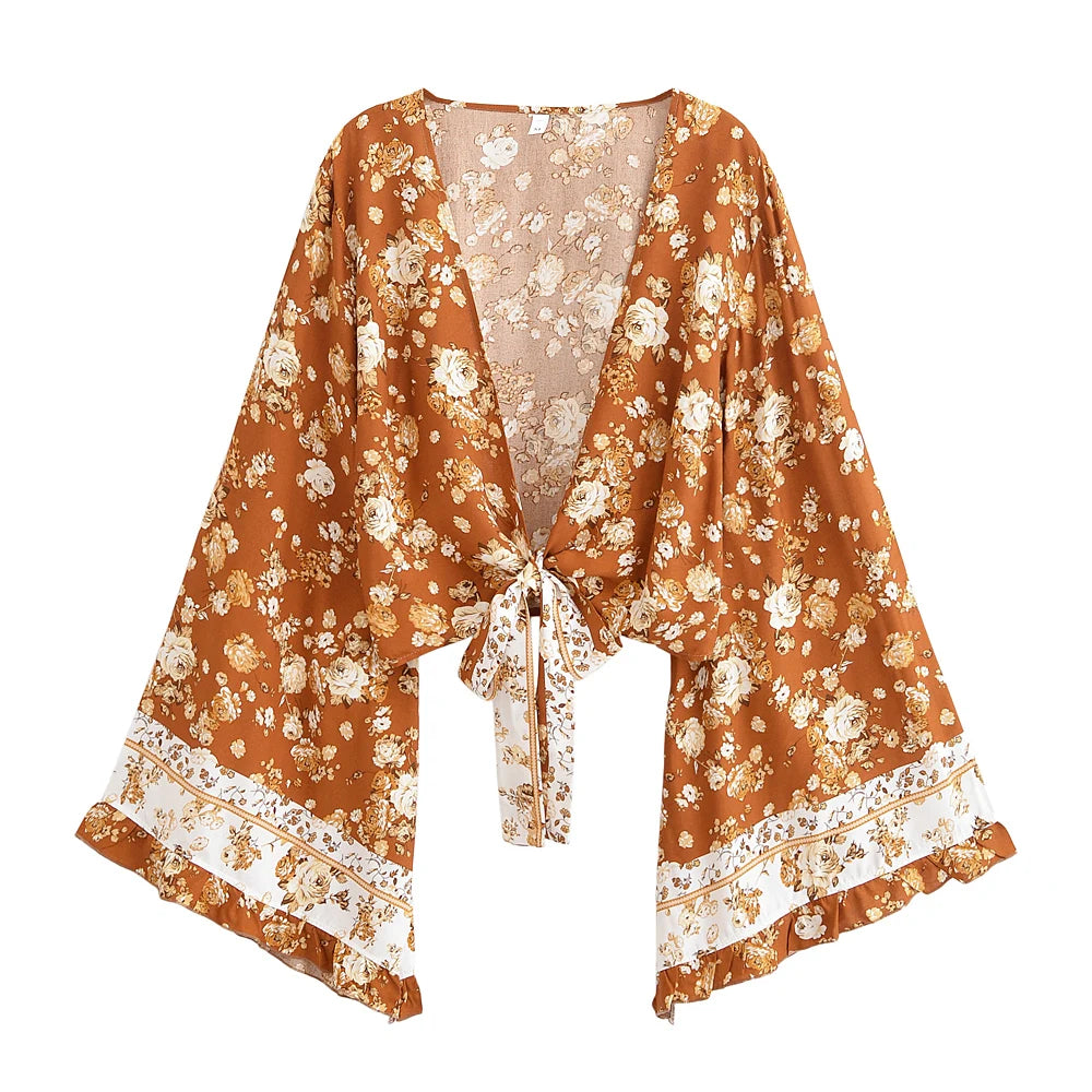 Floral Rayon Ruffle-Sleeve Boho Kimono