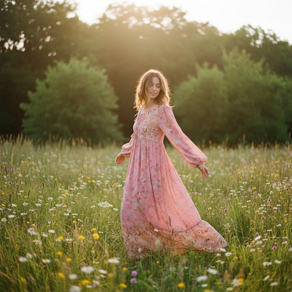 Floral Tassel-Tie Long-Sleeve Boho Dress