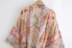 Floral Print Bat Sleeve Kimono Robe with Tassel Belt